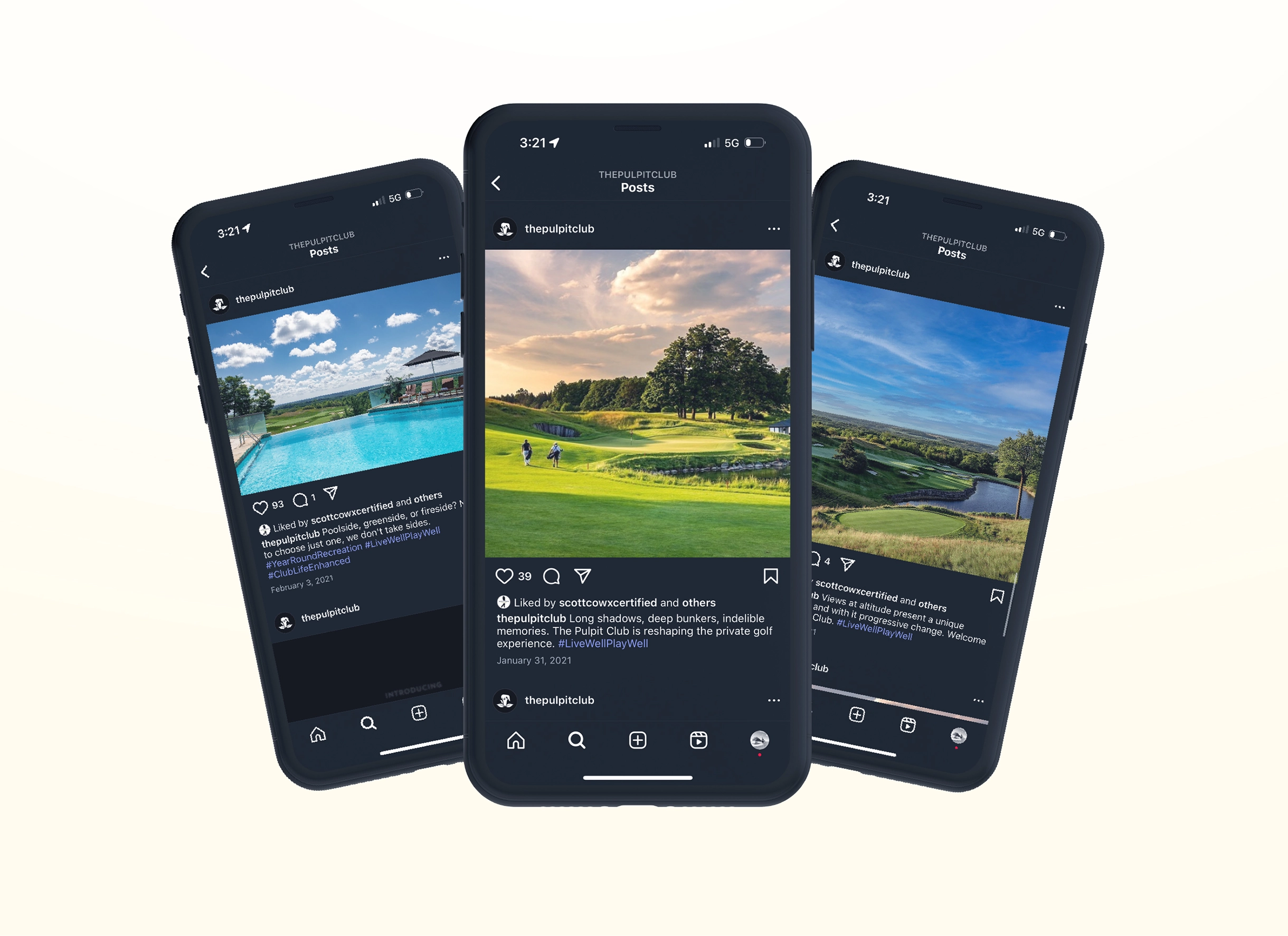 A picture showing three phones that have loaded different Instagram posts Matchplay made for Pulpit Club